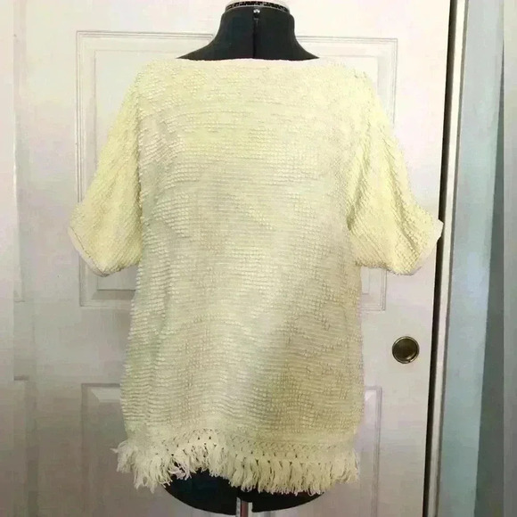 Handmade VTG light yellow chenille boatneck top with fringe best fits XL - Picture 2 of 4